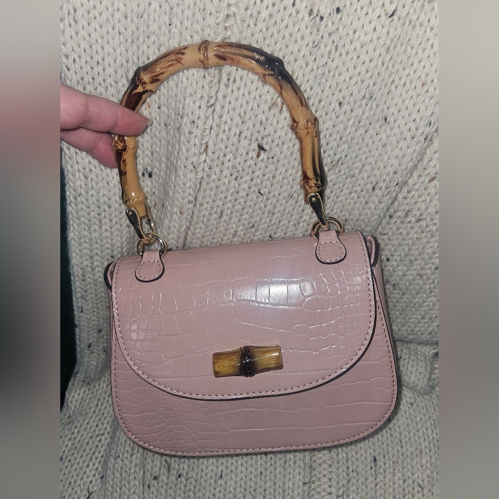 Pink Croc-Embossed Bag with Bamboo Handle